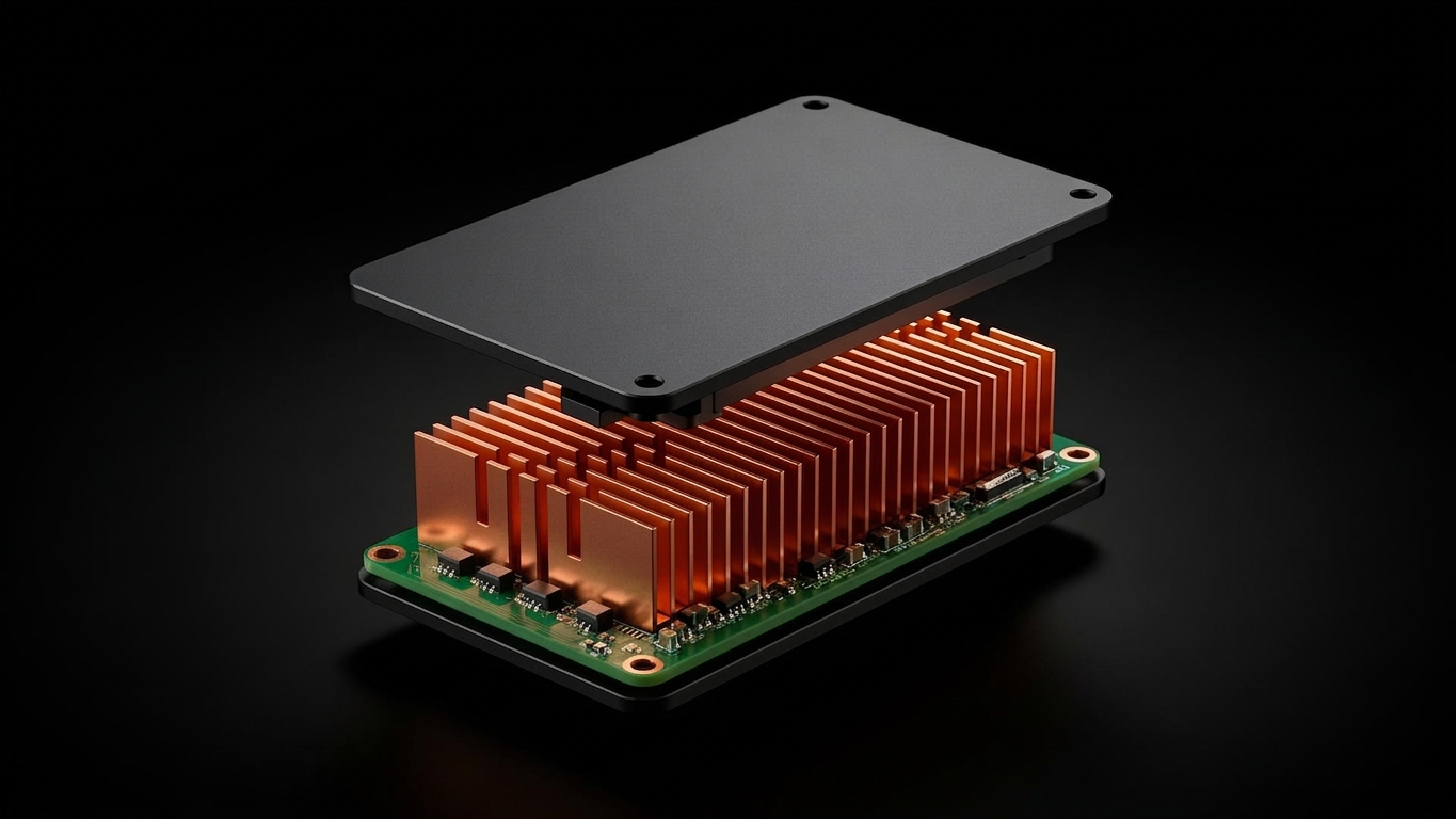 Compute module — top cover lifted, copper heatsink revealed
